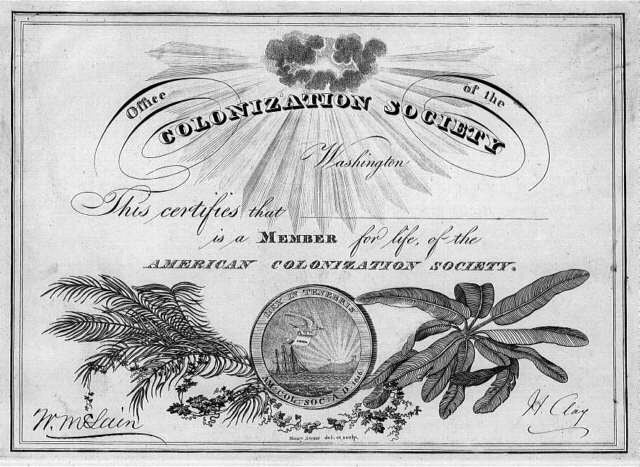 Member certificate of the American Colonization Society, ca. 1840