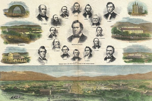 A view of Salt Lake City, Utah from the August 1866 issue of Harper’s Weekly, accompanied by portraits of sixteen important early leaders of The Church of Jesus Christ of Latter-day Saints