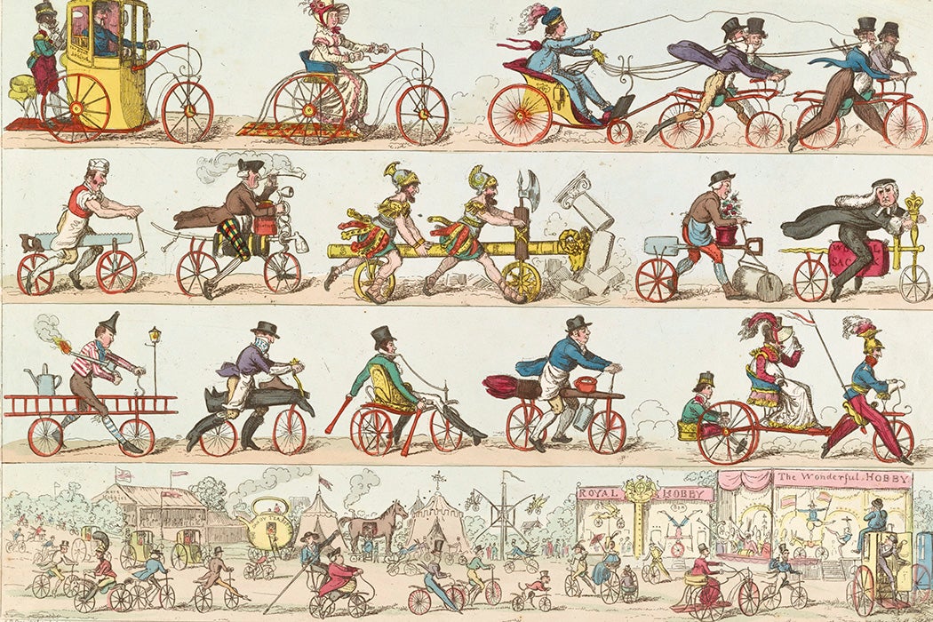 Print shows men and women riding bicycles and tricycles to a fair, 1819