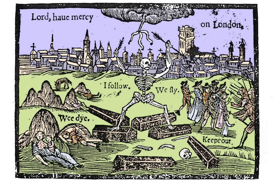 Colorized print of a woodcut used as the cover page for Thomas Dekker’s 1625 plague pamphlet “A Rod for Run-Awayes”