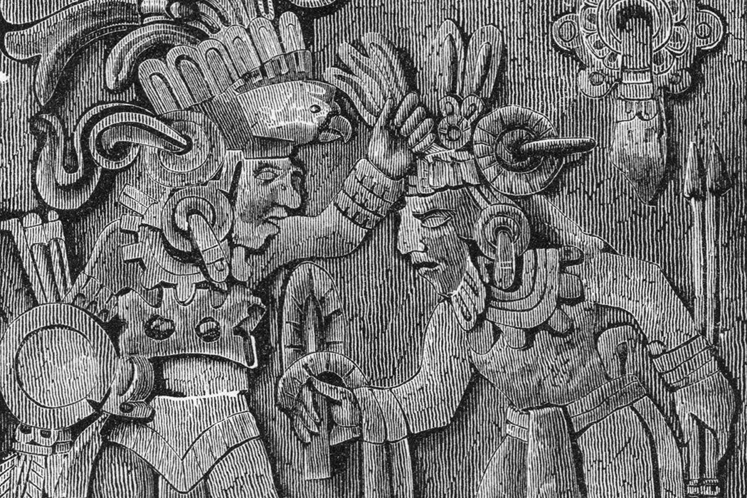 Sketch of a Mayan sacrificial stone, the engravings on the stone show men in ceremonial dress engaging in a blood-letting ritual.