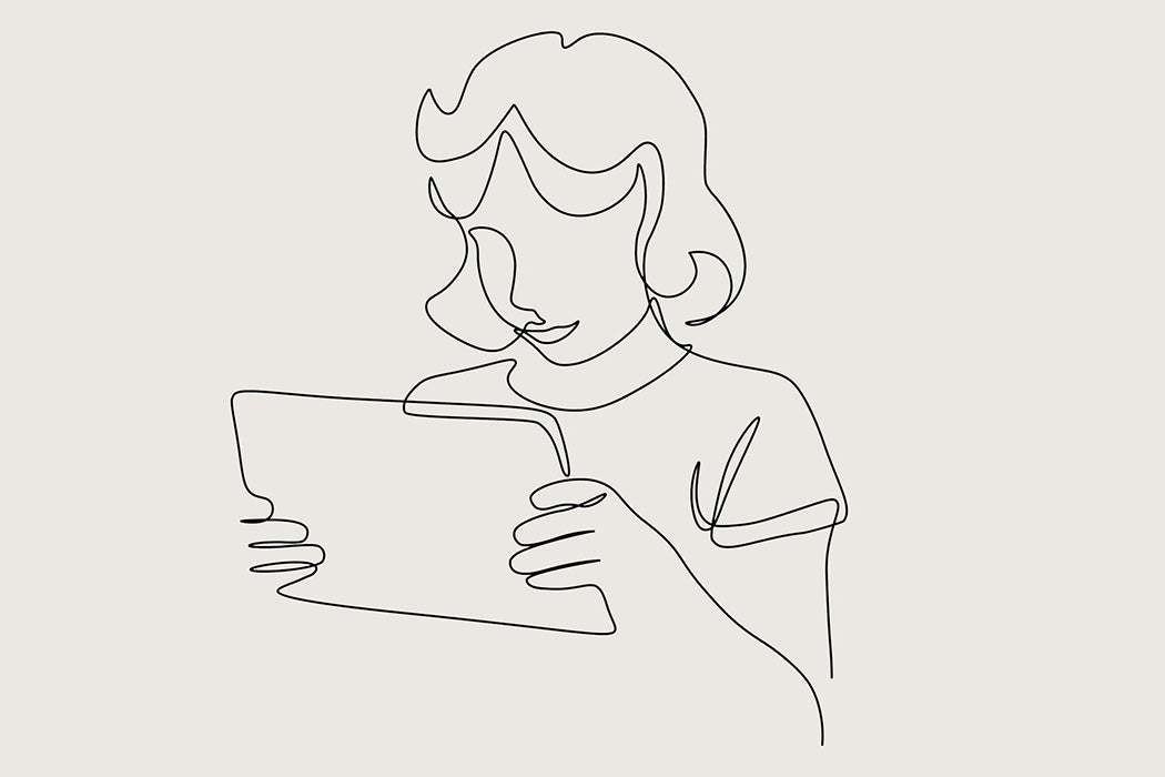 A line drawing of a girl with a tablet