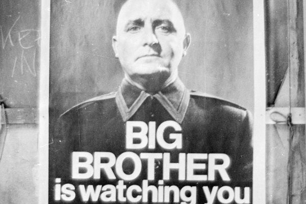 A poster with the famous words 'Big Brother is Watching You' from a BBC TV production of George Orwell's classic novel '1984'.