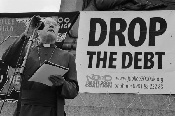 Former Archbishop of Canterbury Robert Runcie (1921 - 2000) addresses a Drop The Debt rally in Trafalgar Square, 13th June 1999.