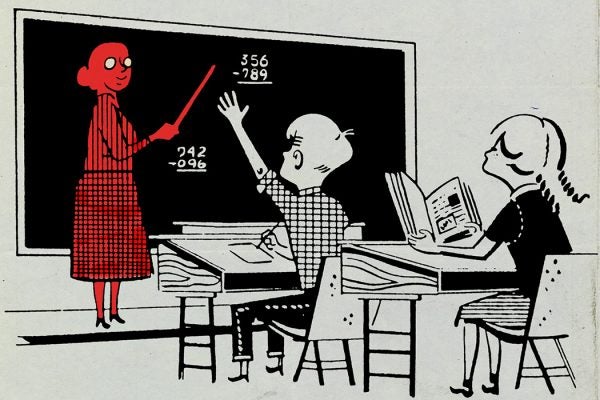 classroom with Two children Doing Arithmetic. The teacher is colored red.