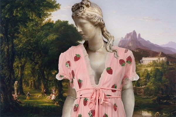 A classical statute in a strawberry sequined dress