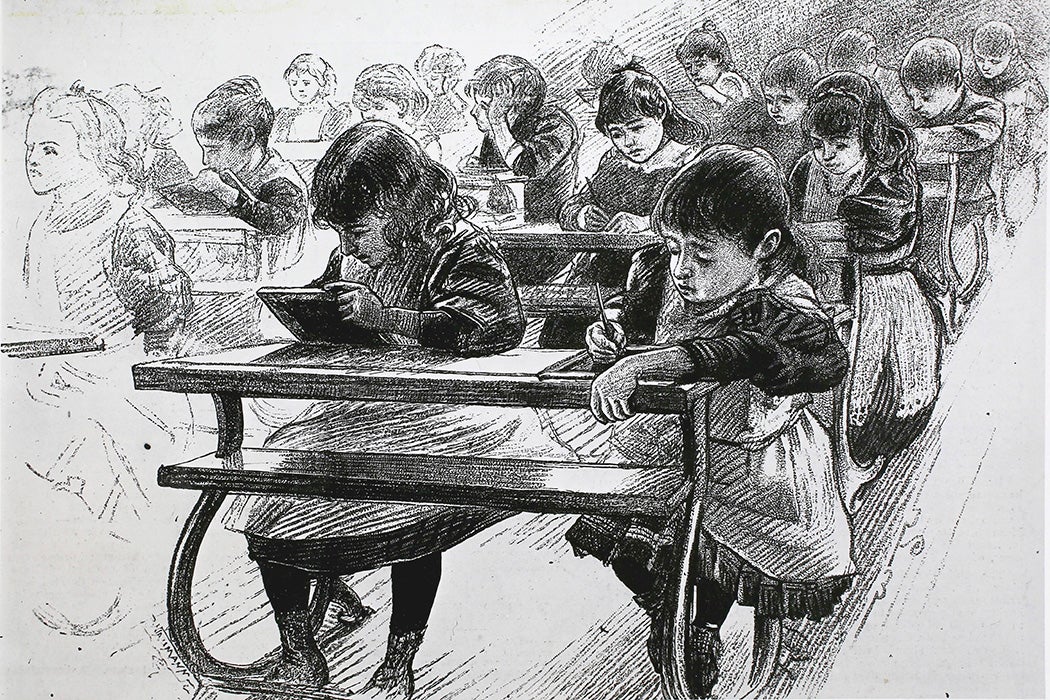 Illustration: An arithmetic class at a school in London, England. Published in the Illustrated London News, October 3, 1891

Source: Getty