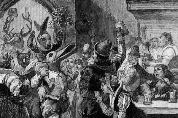 A troupe of mummers in animal costumes performing in a Medieval Baronial Hall at Christmas, c. 1500