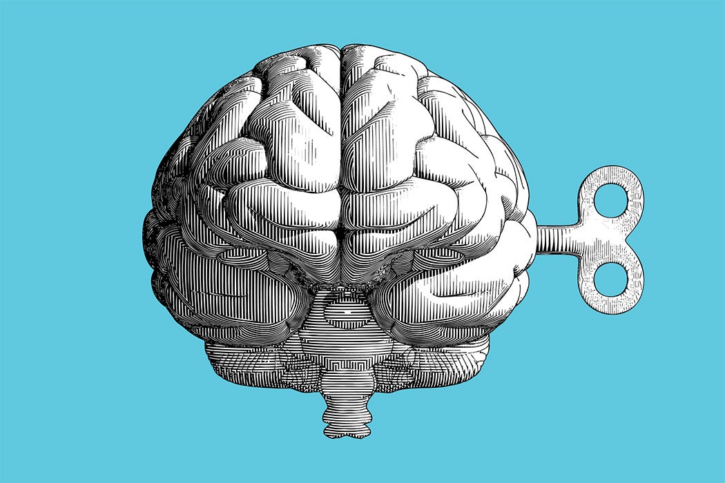 Monochrome vintage engraving drawing human brain with wind up key