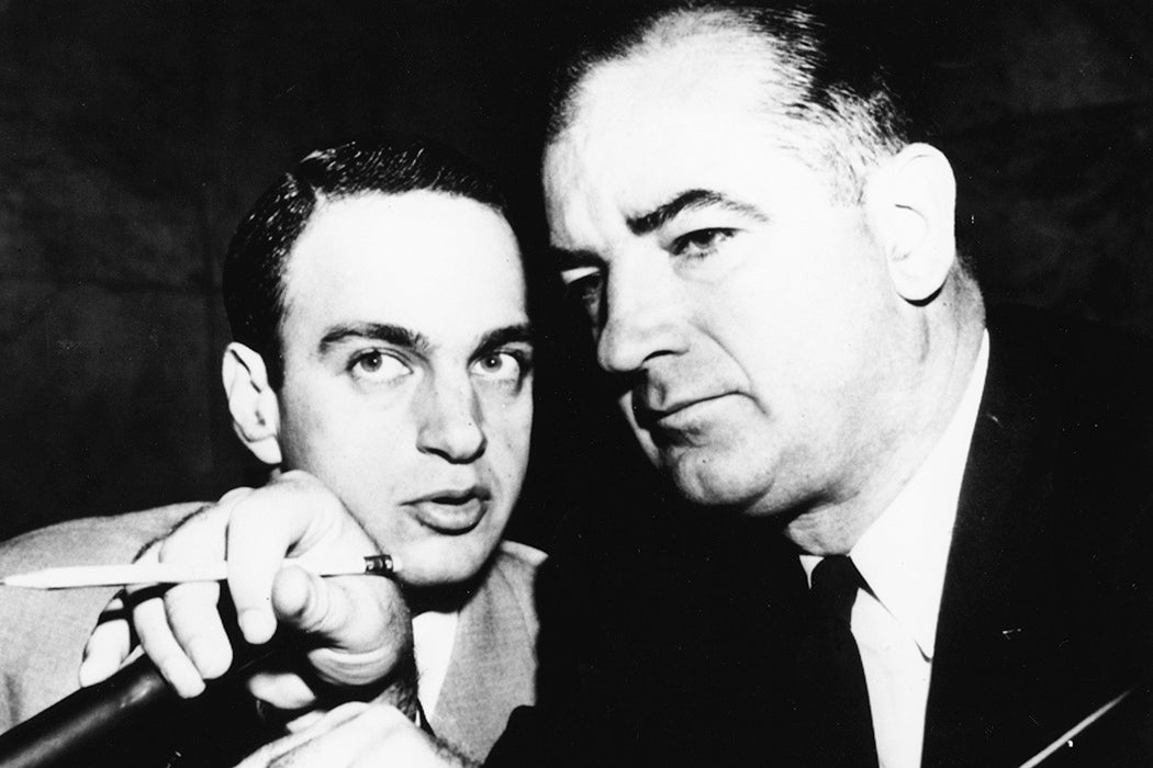 Senator Joseph McCarthy talking to attorney Roy Cohn, c. 1954