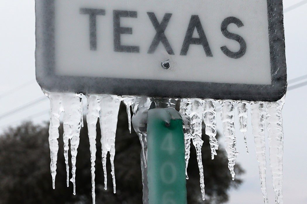 Photograph: Icicles hang off the  State Highway 195 sign on February 18, 2021 in Killeen, Texas.

Source: Joe Raedle/Getty