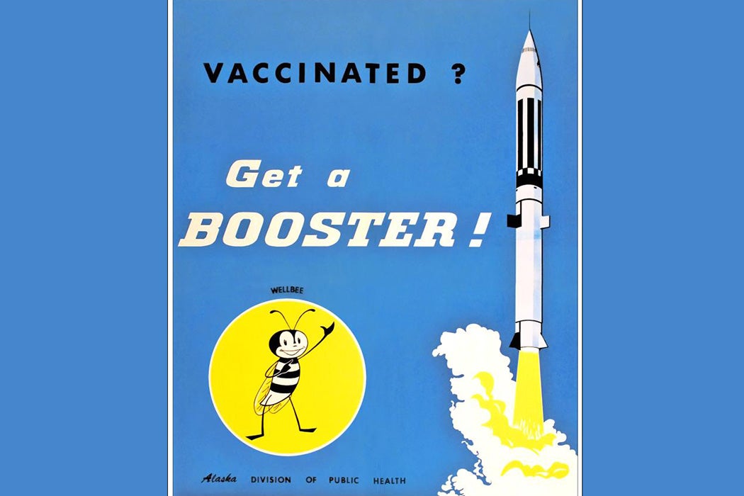 This 1964 poster featured what at that time, was CDC’s national symbol of public health, the “Wellbee”, who here was reminding the public to get a booster vaccination.