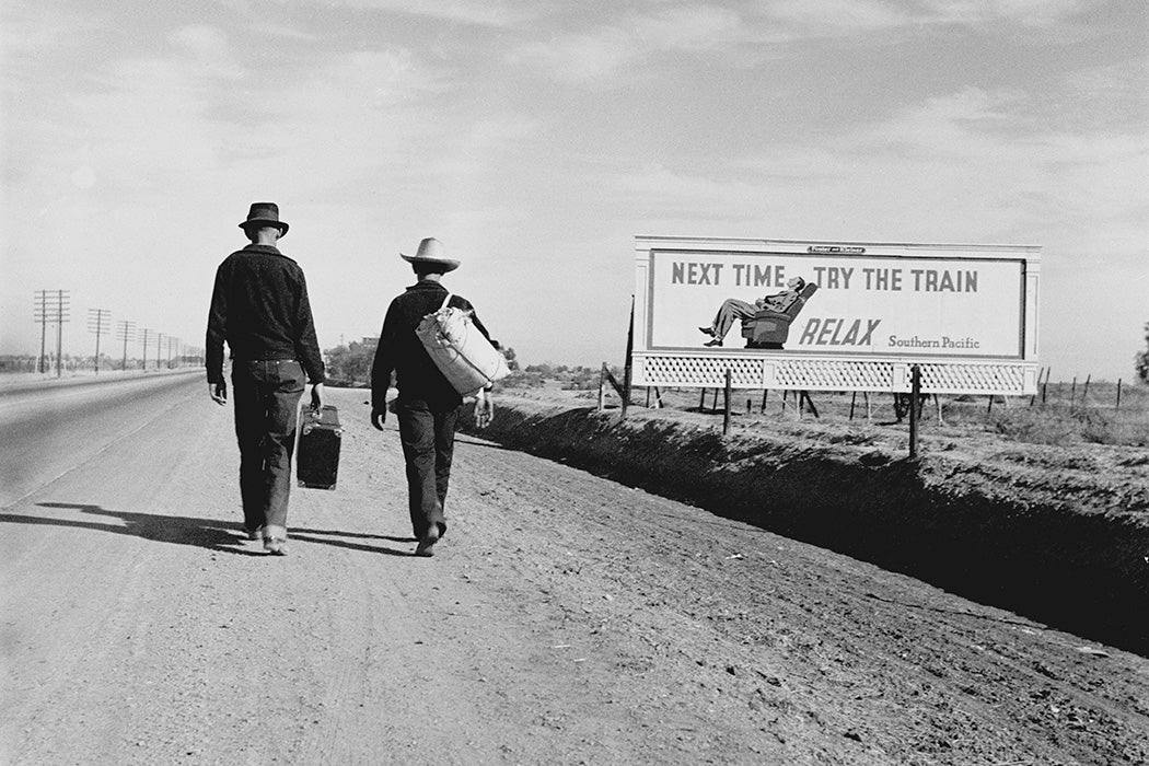 Two people walking towards Los Angeles, 1937