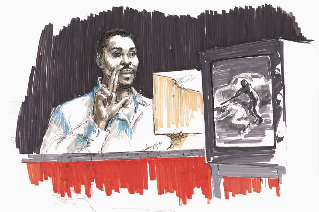 Marker drawing of Rodney King speaking while a recording of the beating plays at his civil trial against the city of Los Angeles, California
