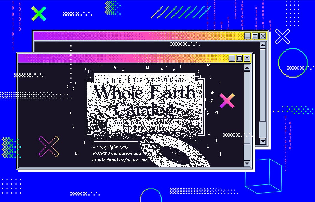 An illustration of the Whole Earth Catalog over a 90s computer graphic