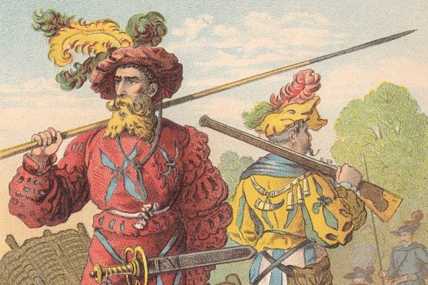 Lansquenets - mercenary soldiers under emperor Maximilian I, c. 1600. Lithograph, published in 1887.