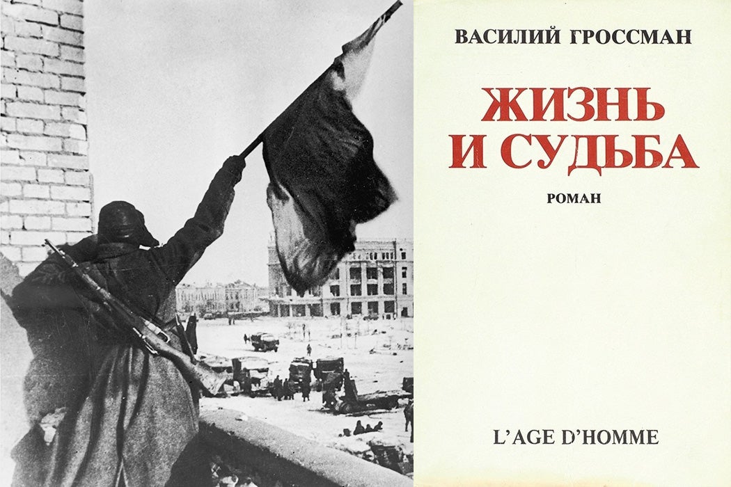 Photograph: A Russian soldier waves a flag while standing on a balcony overlooking a square, where military trucks gather, during the Battle of Stalingrad, World War II, and the cover of Life and Fate

Source: Getty/Wikimedia Commons