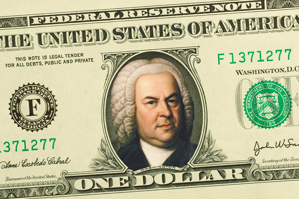A dollar bill with a portrait of Bach