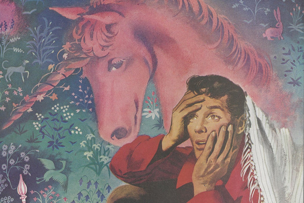 Illustration of a pink unicorn and an amazed young man