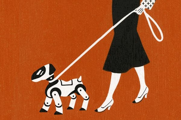 Woman walking a robot on a leash
