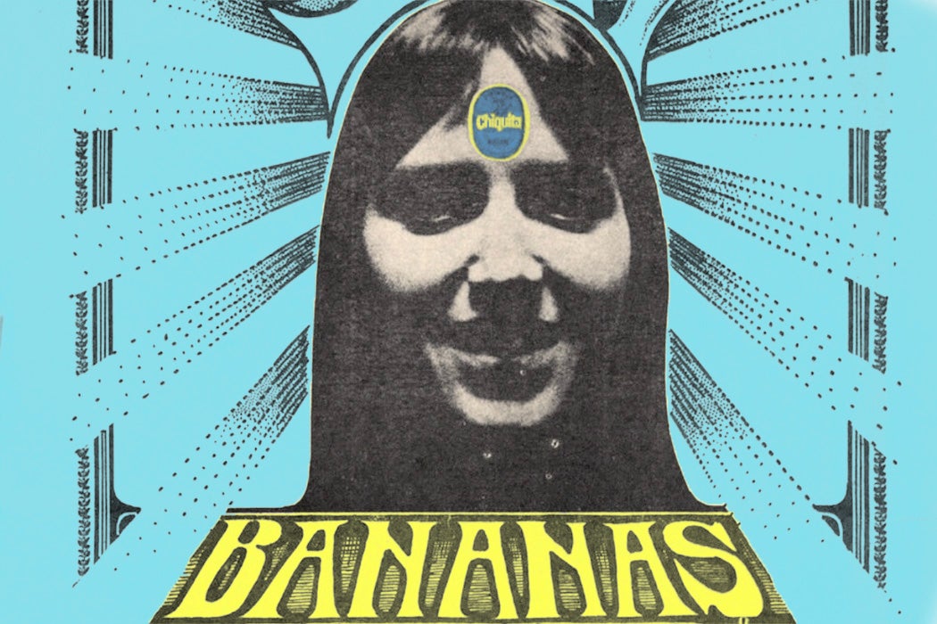 A young woman with a Chiquita sticker on her forehead above the title Bananas