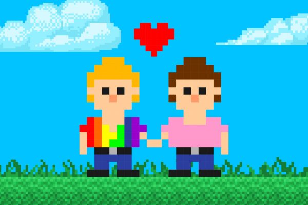 Two male figures in love in 8 pixel