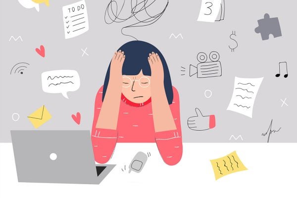 An illustration of a woman experiencing information overload