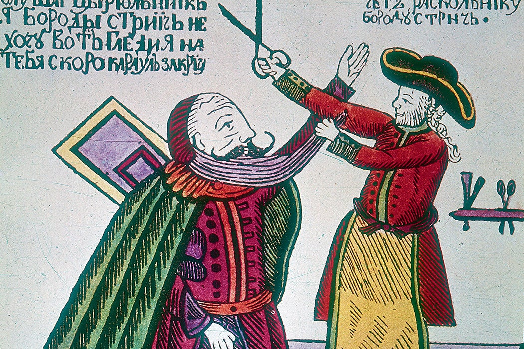 Peter the Great cutting a Boyar's beard