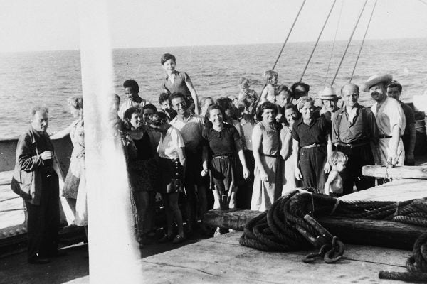 Group portrait of European refugees saved by the Emergency Rescue Committee on board the Paul-Lemerle, a converted cargo ship sailing from Marseilles to Martinique