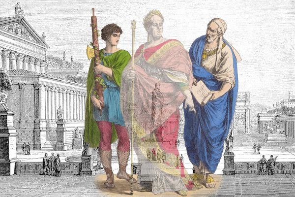 A disappearing Roman emperor with a lictor (left) and nobleman (right)