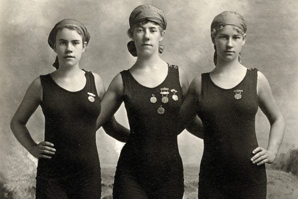 Three young women in swimsuits, ca. 1920