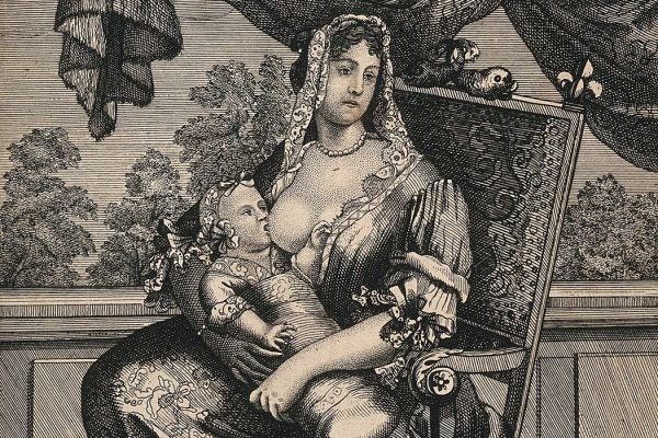 Etching: A wet nurse breast feeding the Duke of Burgundy, grandson of Louis XIV

Source: https://www.jstor.org/stable/community.24839779