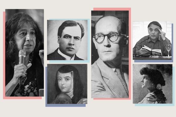 From left to right: Lorna Dee Cervantes, Rubén Darío, Sor Juana Inés de la Cruz, Carlos Drummond de Andrade, Eugenio Montejo, Delmira Agustini