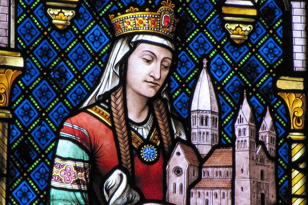A stained glass window depicting Hildegard von Bingen at Église Sainte-Foy, Alsace