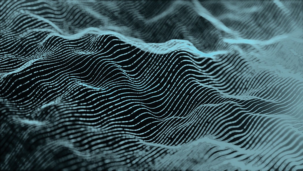 An abstract line design meant to represent waves of sound. Light blue lines on a black background form the shape of small mountains or hills.
