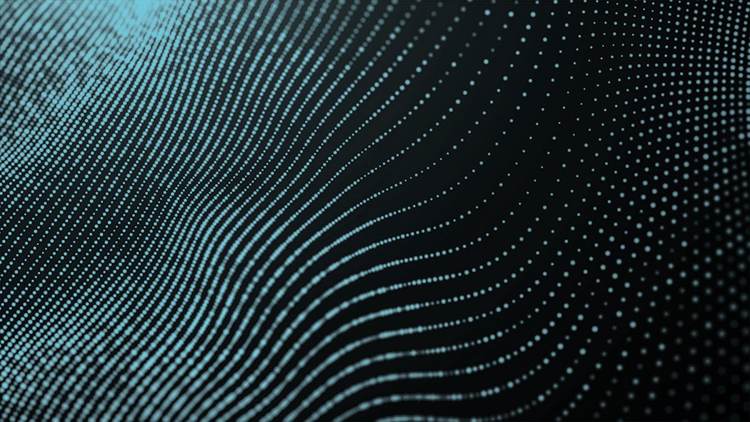 An abstract line design meant to represent waves of sound. Light blue lines on a black background form the shape of a flowing wall