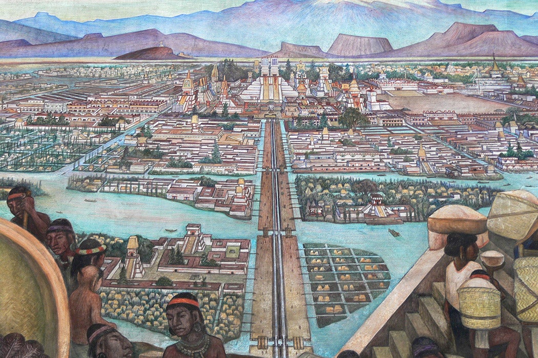 Mural by Diego Rivera of the Aztec city of Tenochtitlan and life in Aztec times, 1945