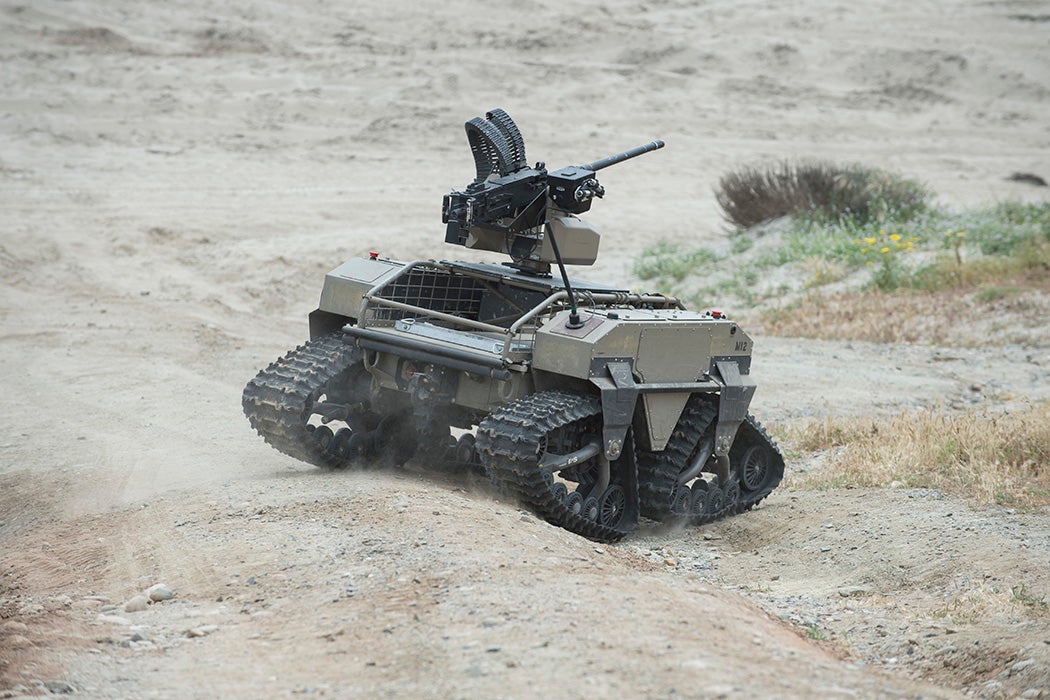 A unmanned vehicle, part of the Multi-Utility Tactical Transport (MUTT) family of systems, 2017