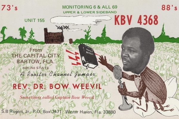 A postcard advertising Rev. Dr. Bow Weevil, a Rooster Channel Jumper