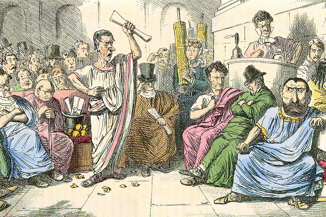 Cicero denouncing Catiline, by John Leech, from: The Comic History of Rome by Gilbert Abbott A Beckett, circa 1850