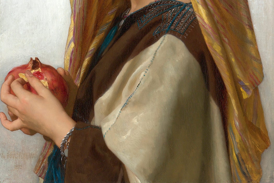 Painting of a woman's hand holding a pomegranate