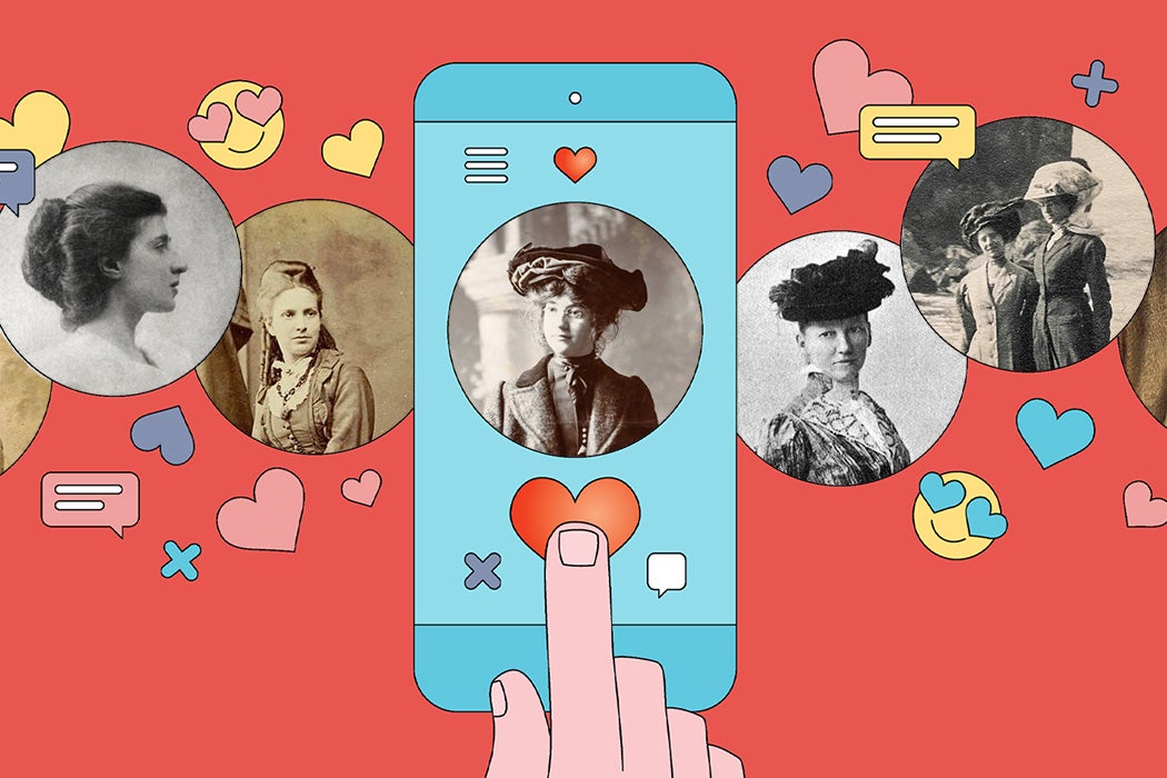 An illustration of a dating app with Victorian women's photographs