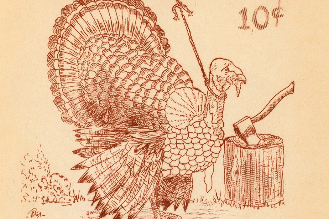 An illustration of a turkey whose neck is tied