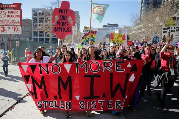Activists march for missing and murdered Indigenous women at the Women's March California 2019 on January 19, 2019 in Los Angeles, California.