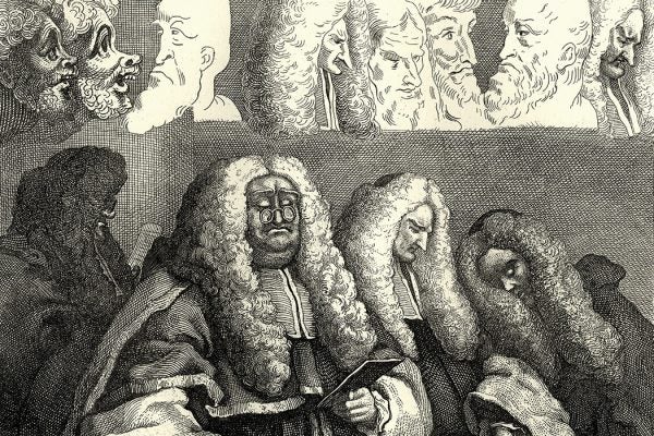 Vintage engraving of The Bench, by William Hogarth. 1758, depicts four judges listening to a case in the Court of Common Pleas.