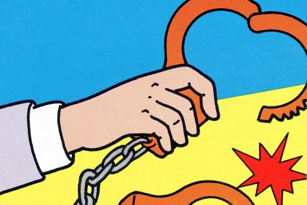 An illustration of a hand holding a set of hand cuffs