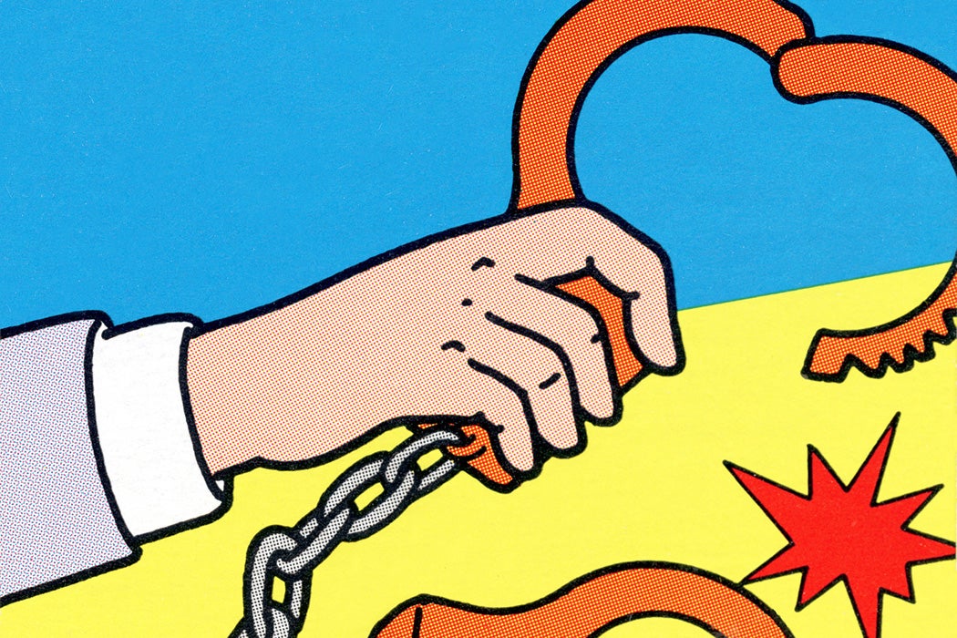 An illustration of a hand holding a set of hand cuffs