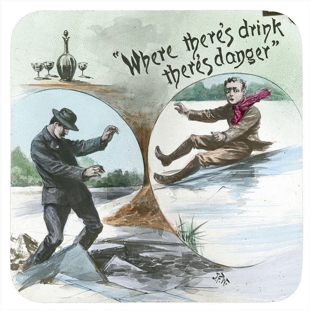 "Where there's drink there's danger" Band of Hope lantern slide with boy slipping on ice and man falling through ice