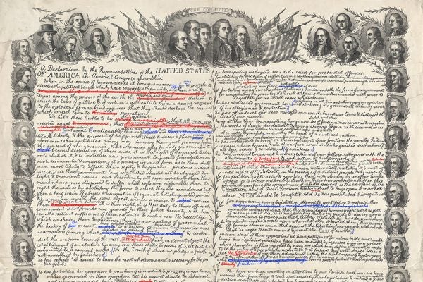 Facsimile of the original draft of the United States Declaration of Independence with images of the signers around the border.