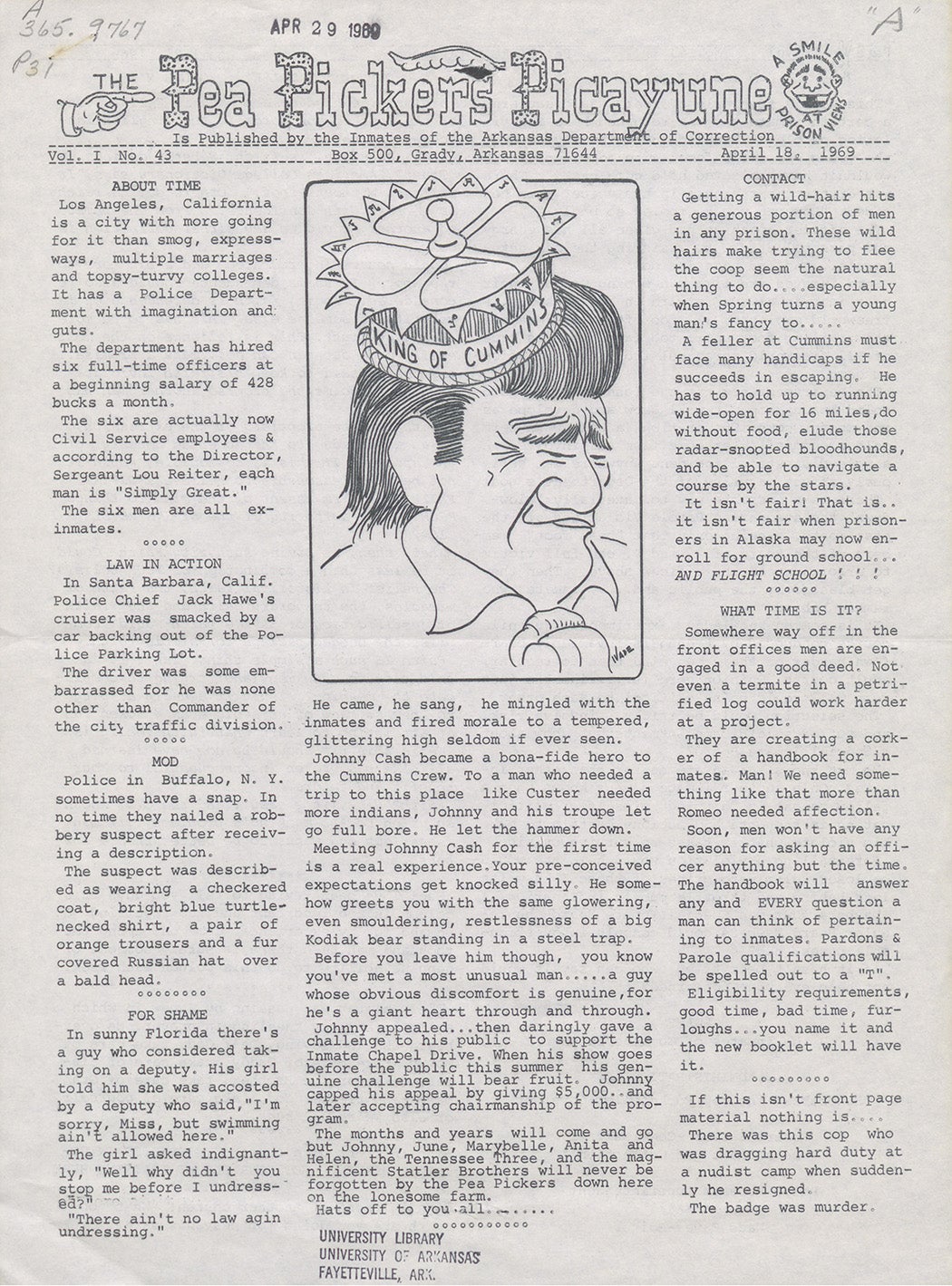 The cover of the April 18, 1969 issue of The Pea Pickers Picayune, published by inmates of the Arkansas Department of Correction 